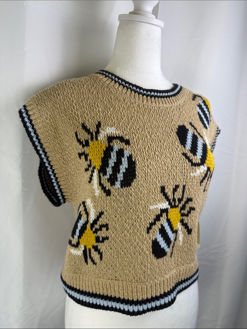 Maeve Tan Bee Intarsia Sweater Vest with Black & Yellow Accents - Picture 3 of 5